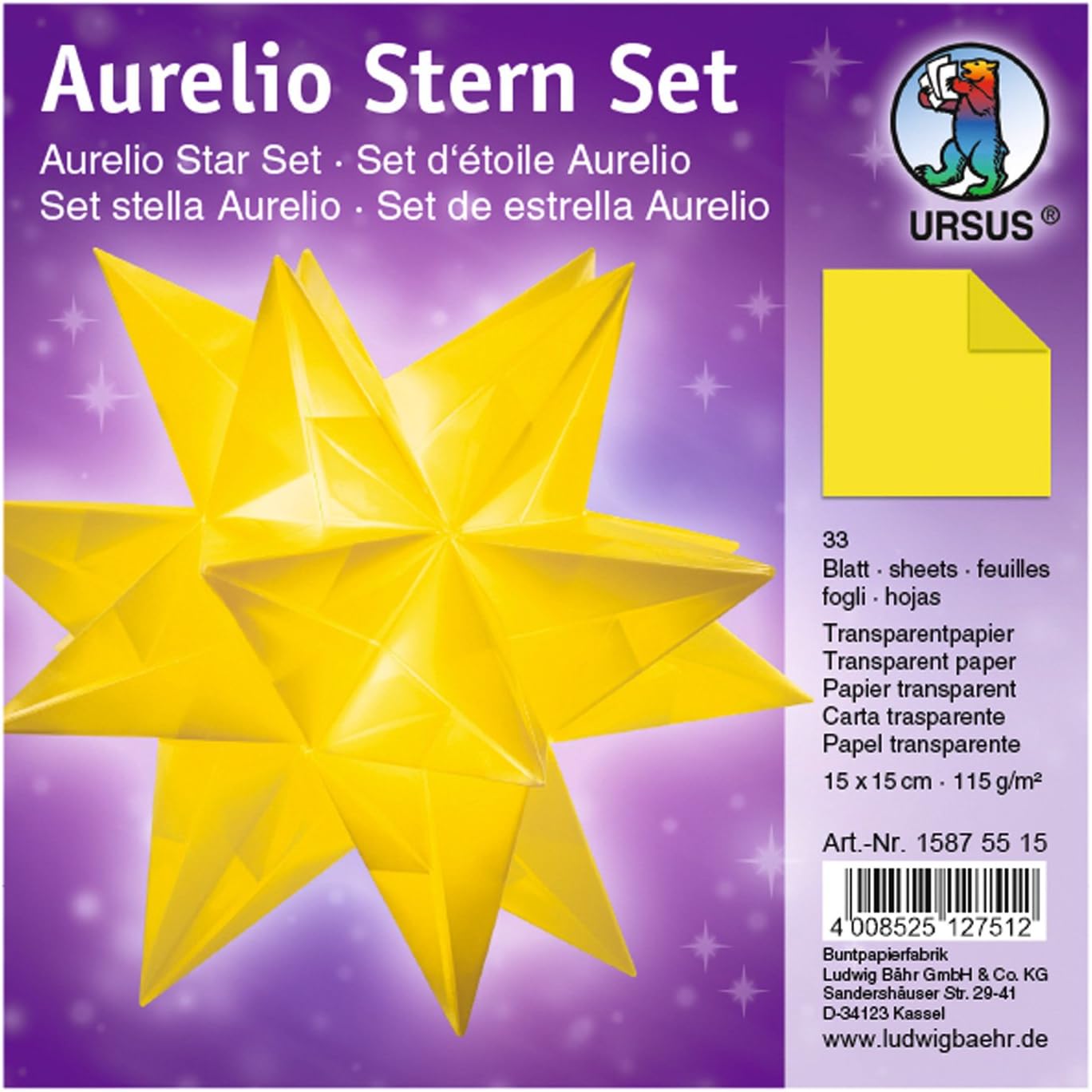 URSUS Faltbl�tter Aurelio Stern, gelb, 150 x 150 mm