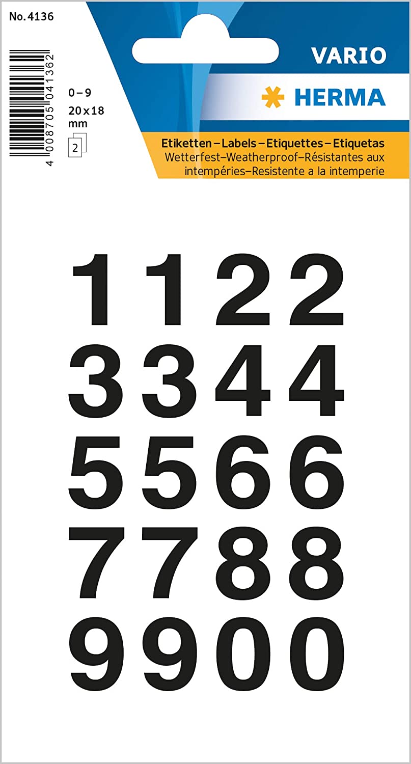 HERMA Zahlen-Sticker 0-9, Folie schwarz, Hhe: 20 x 18 m...