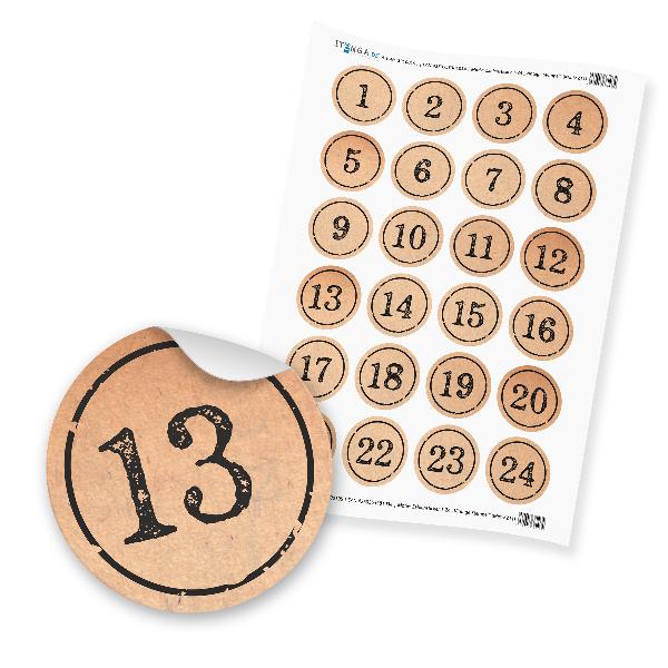 Zahlensticker Z11 1-24 braun / natur / schwarz Stempeloptik