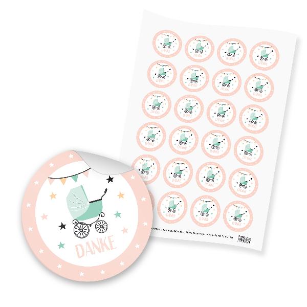 itenga 24x Sticker "Danke / Kinderwagen Vintage" (Motiv ...