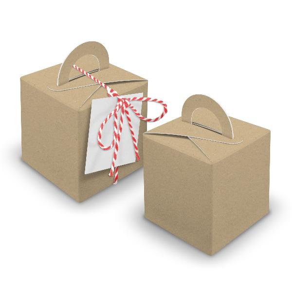 V28 24x W�rfelbox mit Griff braun + Garn rot + Anh�nger