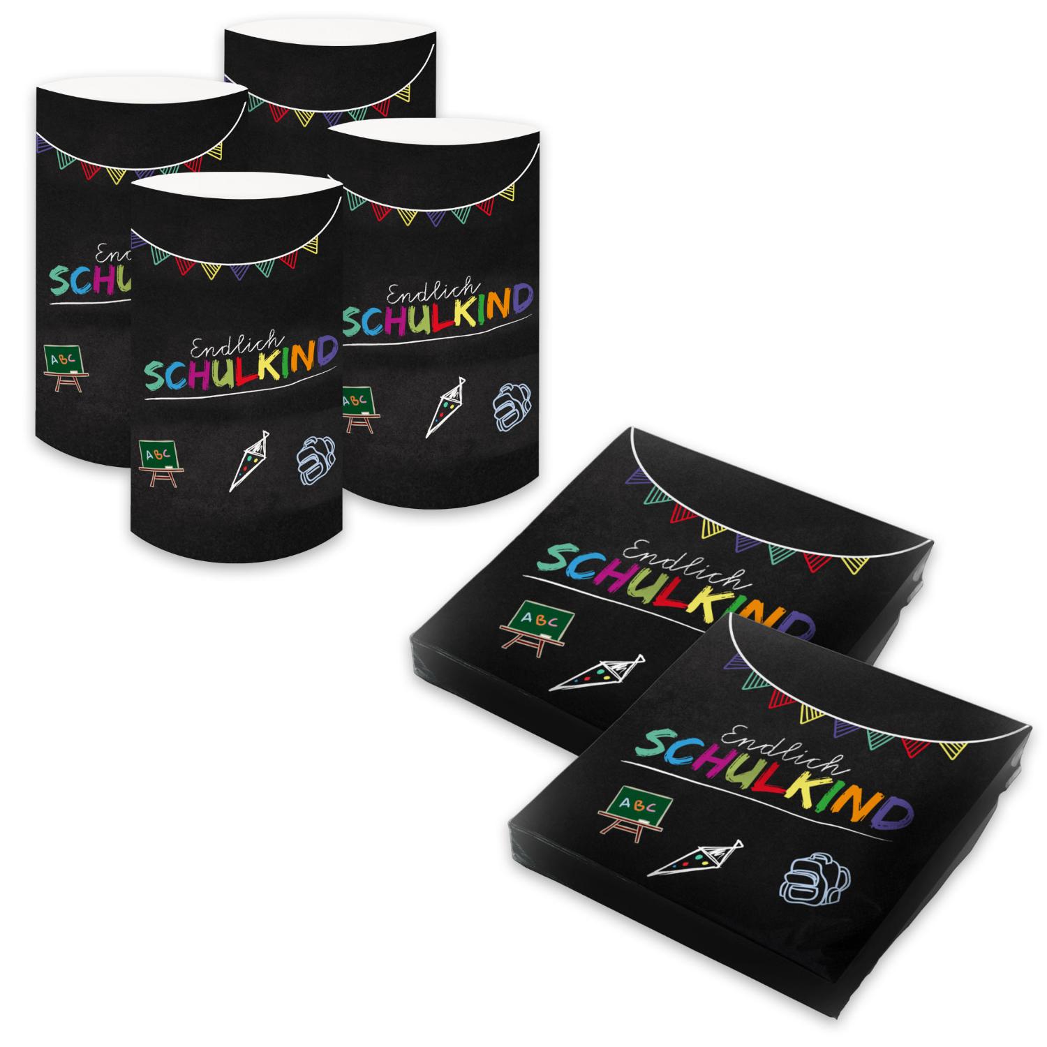 itenga 6x Windlicht + 40x Servietten - Schulkind - schwarz