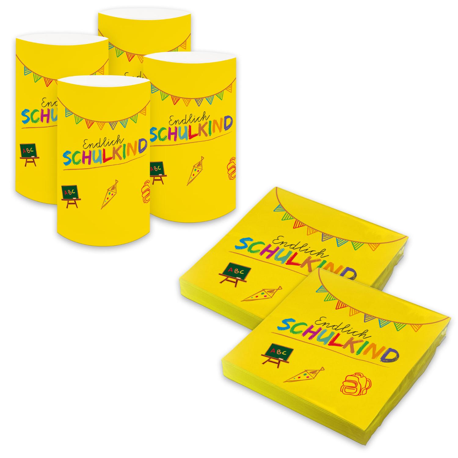 itenga 6x Windlicht + 40x Servietten - Schulkind - gelb