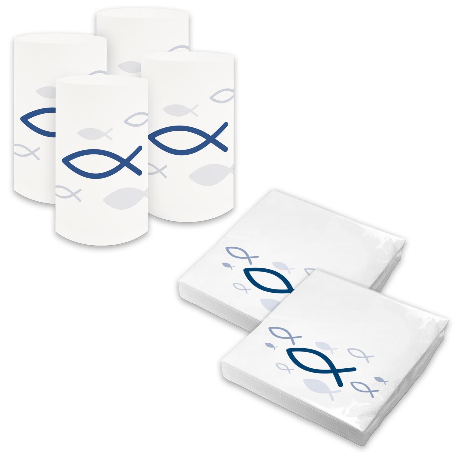 itenga 6x Windlicht + 40x Servietten - Fisch - wei� blau