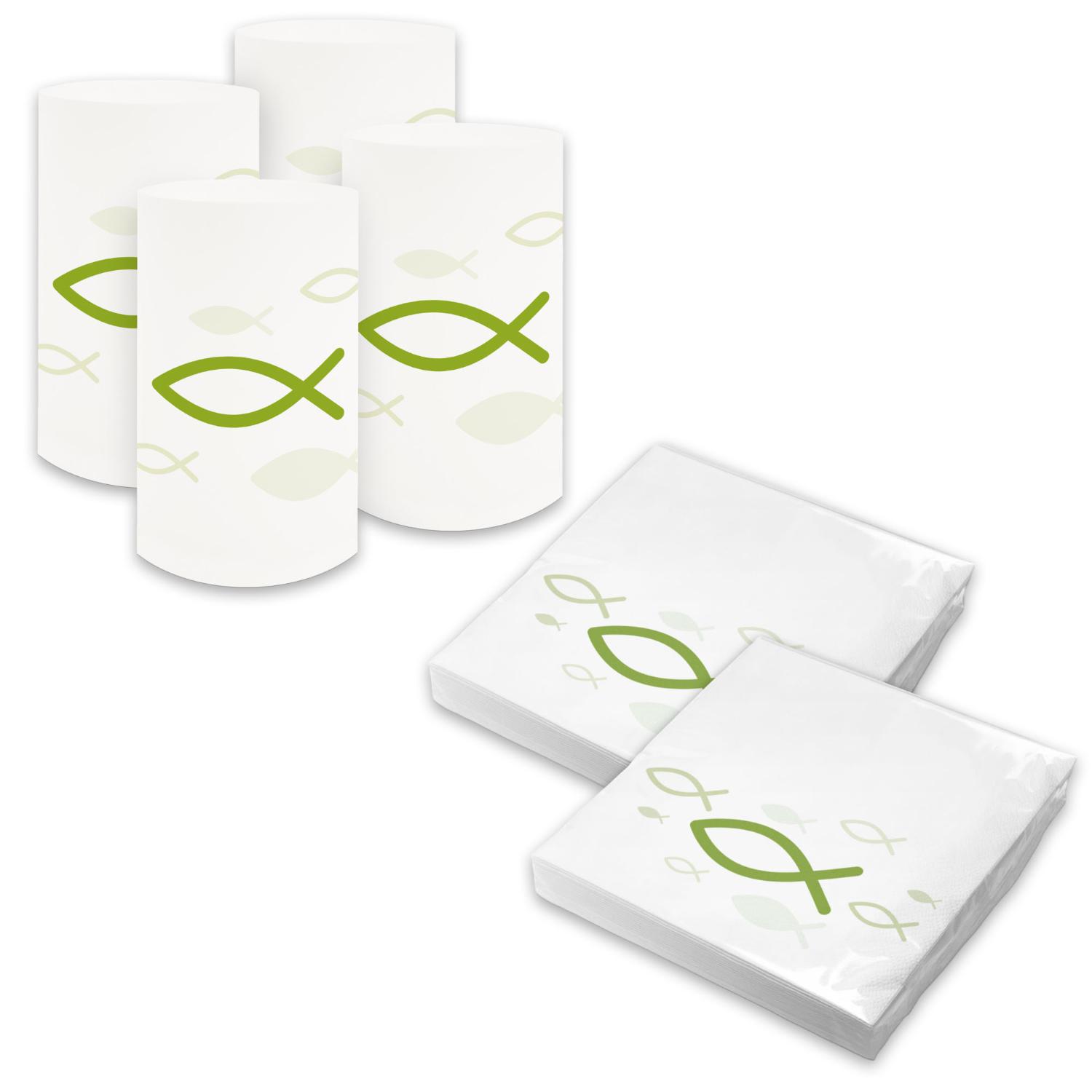 itenga 6x Windlicht + 40x Servietten - Fisch - wei� fr�h...