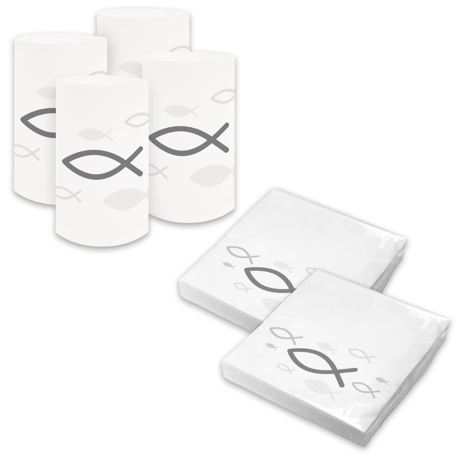 itenga 6x Windlicht + 40x Servietten - Fisch - wei� taub...