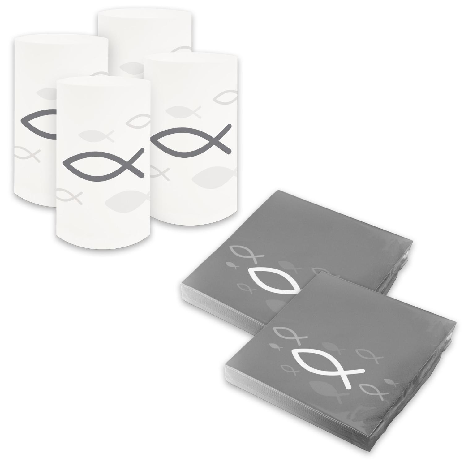 itenga 6x Windlicht + 40x Servietten - Fisch - taubengra...