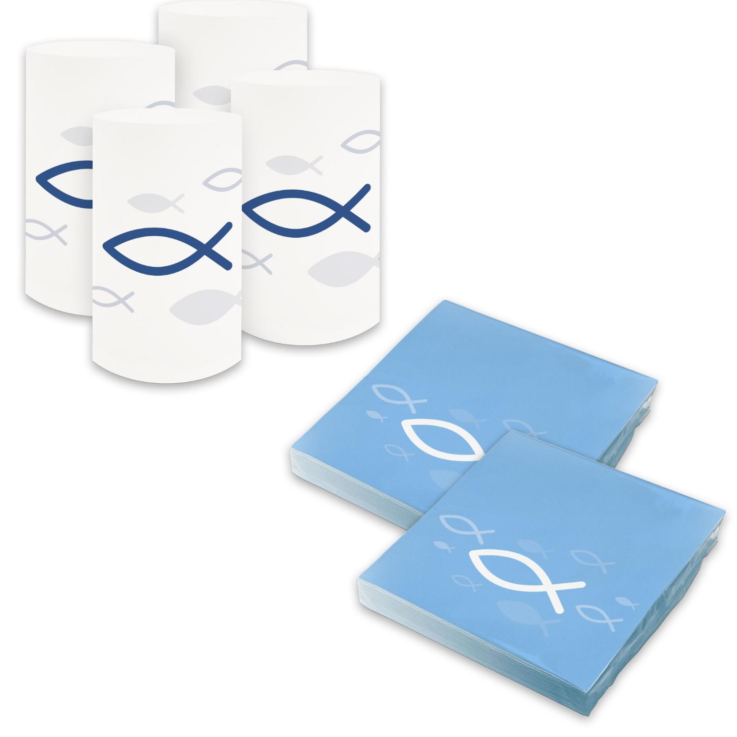 itenga 6x Windlicht + 40x Servietten - Fisch - hellblau ...
