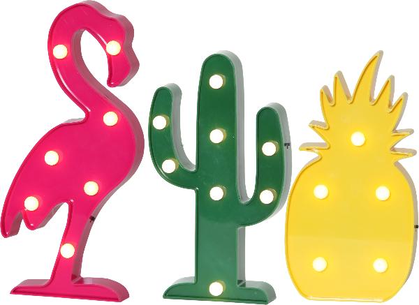 LED-Party-Figuren Fruity 3er Set Ananas, Flamingo, Kaktus