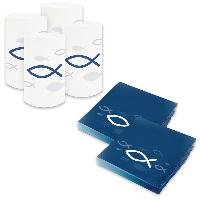 itenga 6x Windlicht + 40x Servietten - Fisch - blau wei�